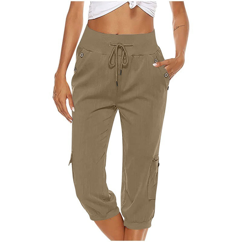 Loom & Soul™ Pantalon Cargo Cropped Femme – Mélange Coton-Lin avec Poches pour un Style Quotidien Sans Effort