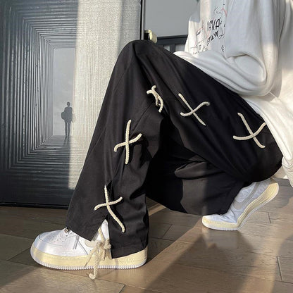 Men’s Patchwork Drawstring Pants – Vintage Casual Streetwear Trousers