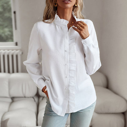 Blusa con botones, volantes y rayas Loom & Soul™ – Elegante camisa de oficina y casual de manga larga para mujer