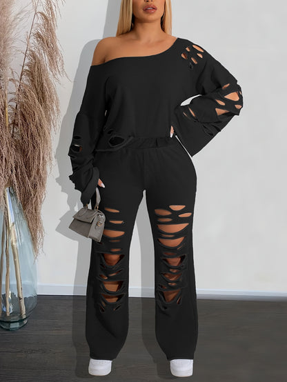 Ensemble 2 pièces femme épaules dénudées délavé – Haut manches longues et pantalon déchiré