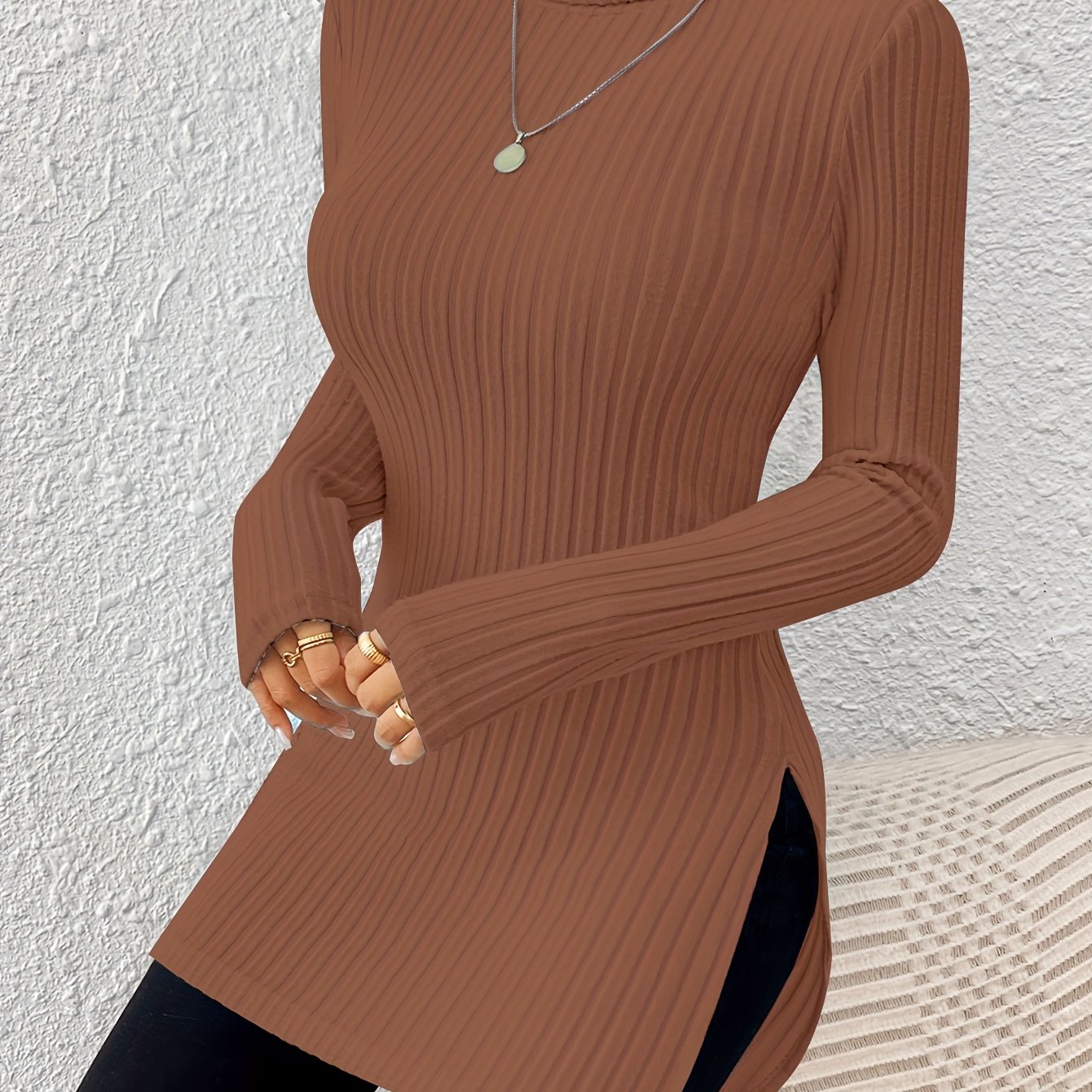 Top de cuello alto elegante para mujer – Tejido suave de manga larga y cuello alto