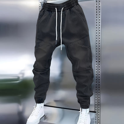 Men’s Drawstring Denim Joggers – Slim Fit Patchwork Jeans
