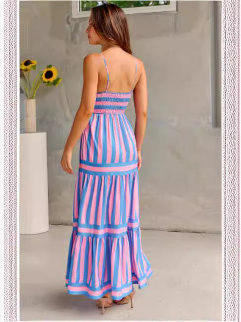 Robe longue rayée Loom & Soul™ – Robe de plage décolletée dans le dos à col carré pour femme avec poches