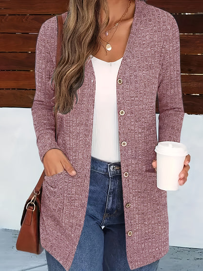 Cárdigan elegante con cuello de pico para mujer – Suéter acogedor de otoño con botones