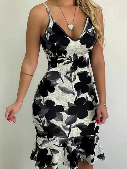 Floral Bodycon Summer Dress – Black & White Spaghetti Strap Party Dress