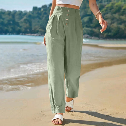 Pantalon décontracté taille haute Loom & Soul pour femme – Pantalon droit en coton et lin pour un confort au quotidien