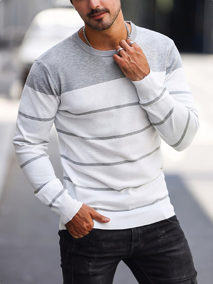 Suéter de punto a rayas azul marino para hombre – Sudadera informal de cuello redondo