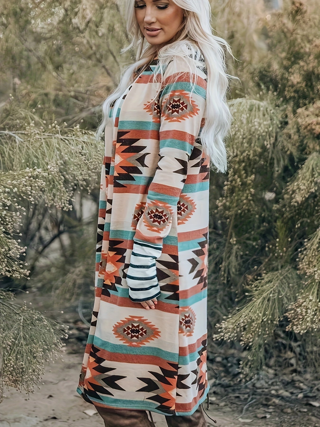 Cárdigan con estampado azteca del suroeste – Chaqueta de punto turquesa y roja para mujer