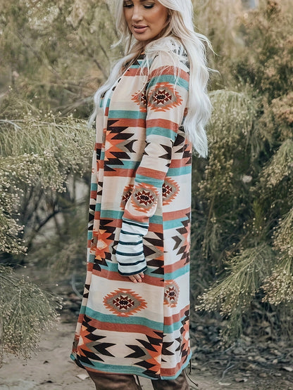 Cárdigan con estampado azteca del suroeste – Chaqueta de punto turquesa y roja para mujer