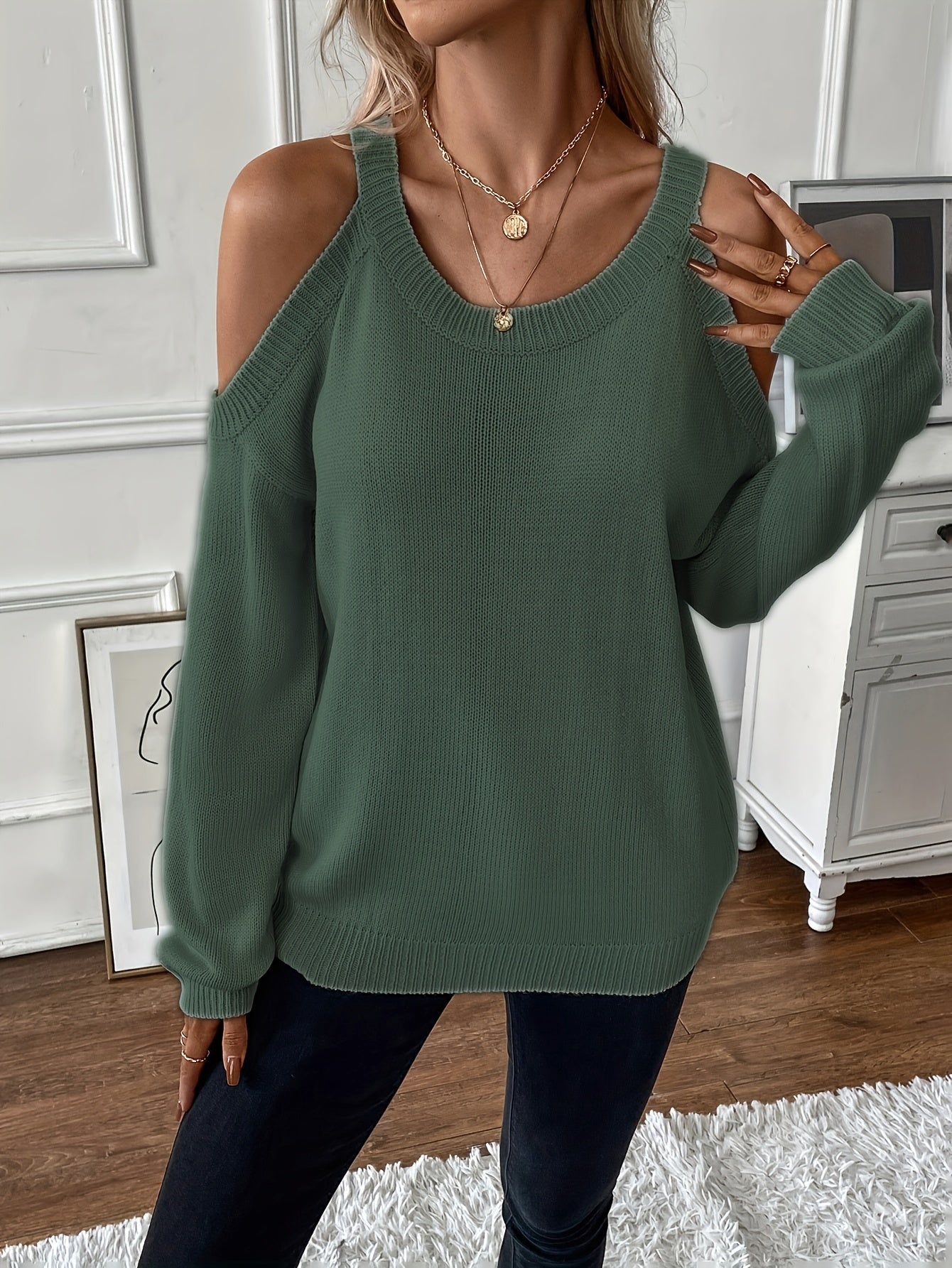 Suéter de punto suave para otoño/invierno con cuello redondo elegante para mujer