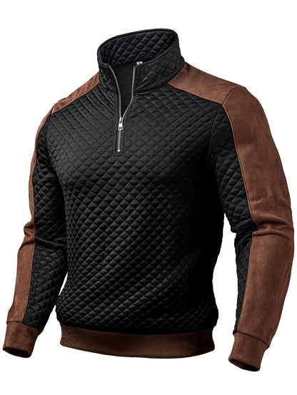 Henley de punto de rombos con cremallera para hombre – Suéter con bloques de color texturizado