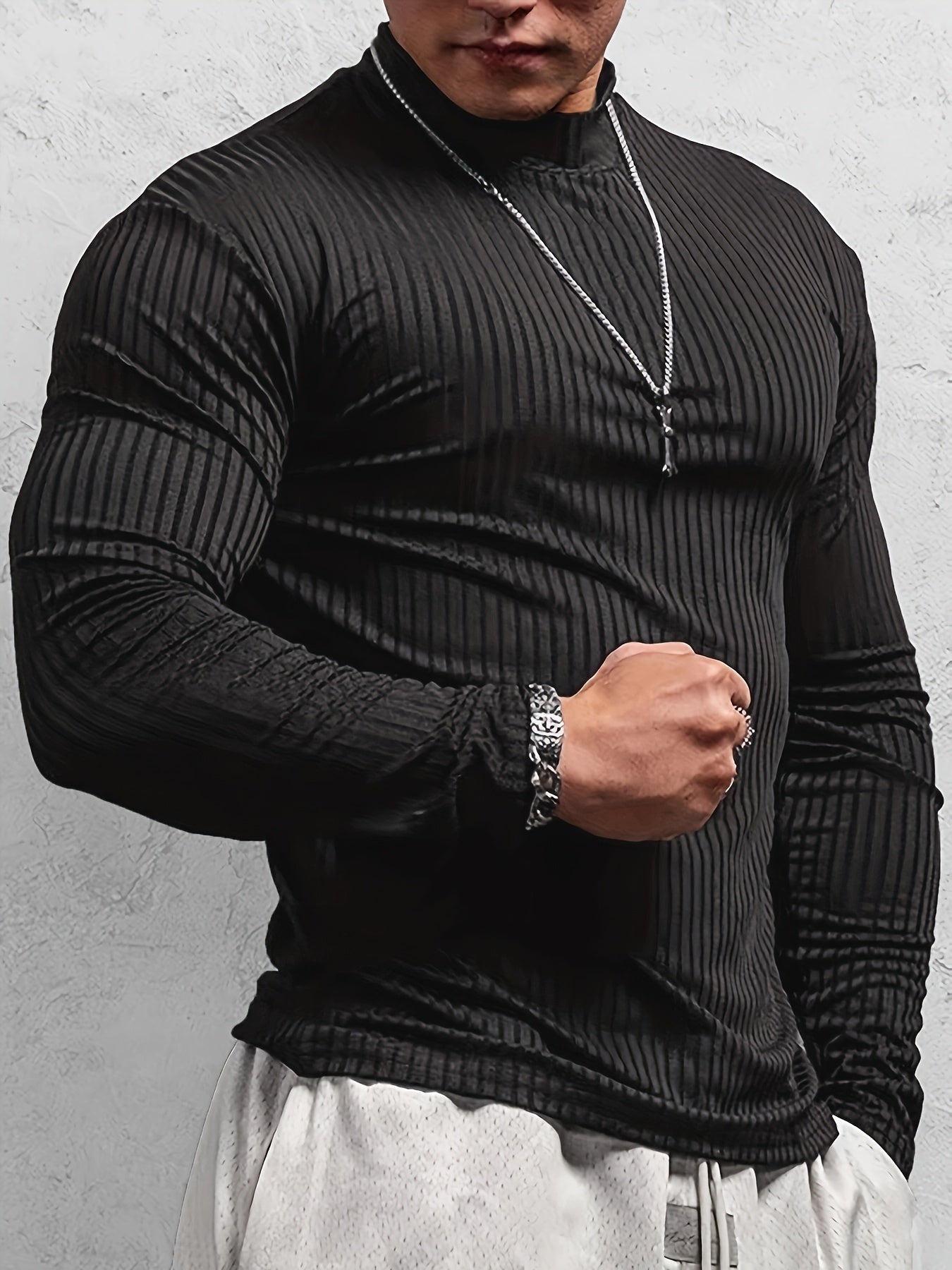 Camiseta de manga larga ajustada acanalada para hombre – Camiseta deportiva con cuello alto