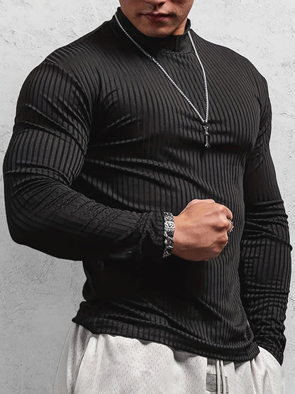Camiseta de manga larga ajustada acanalada para hombre – Camiseta deportiva con cuello alto