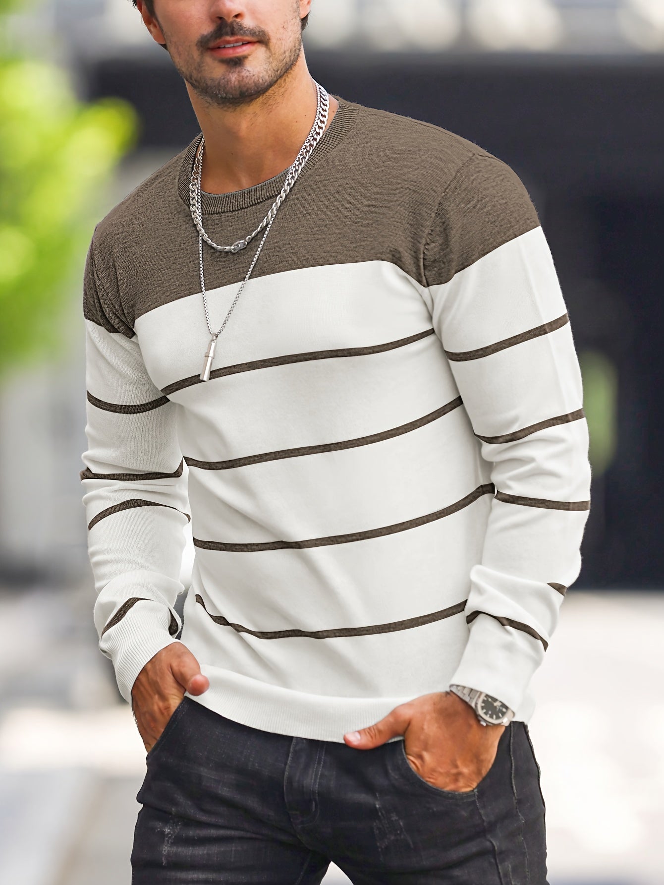 Suéter de punto a rayas azul marino para hombre – Sudadera informal de cuello redondo