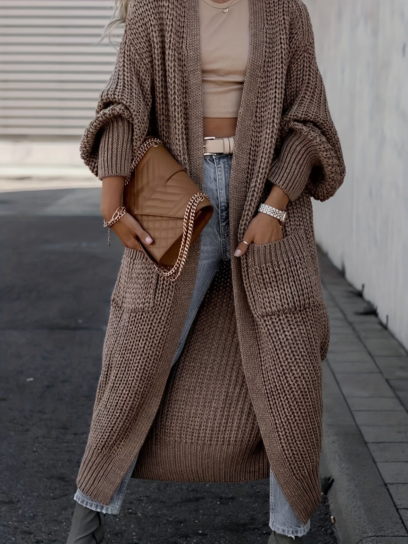 Elegante cárdigan acanalado con cuello en V profundo – Suéter de punto de otoño/invierno para mujer