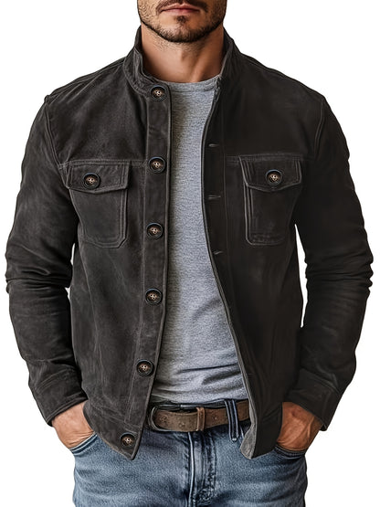 Chaqueta de ante sintético para hombre – Abrigo informal con cuello alto y botones