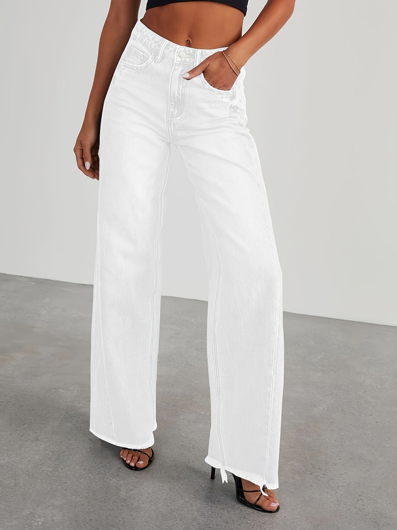 Pantalones vaqueros de mujer de talle alto y pernera ancha – Vaqueros elásticos informales holgados