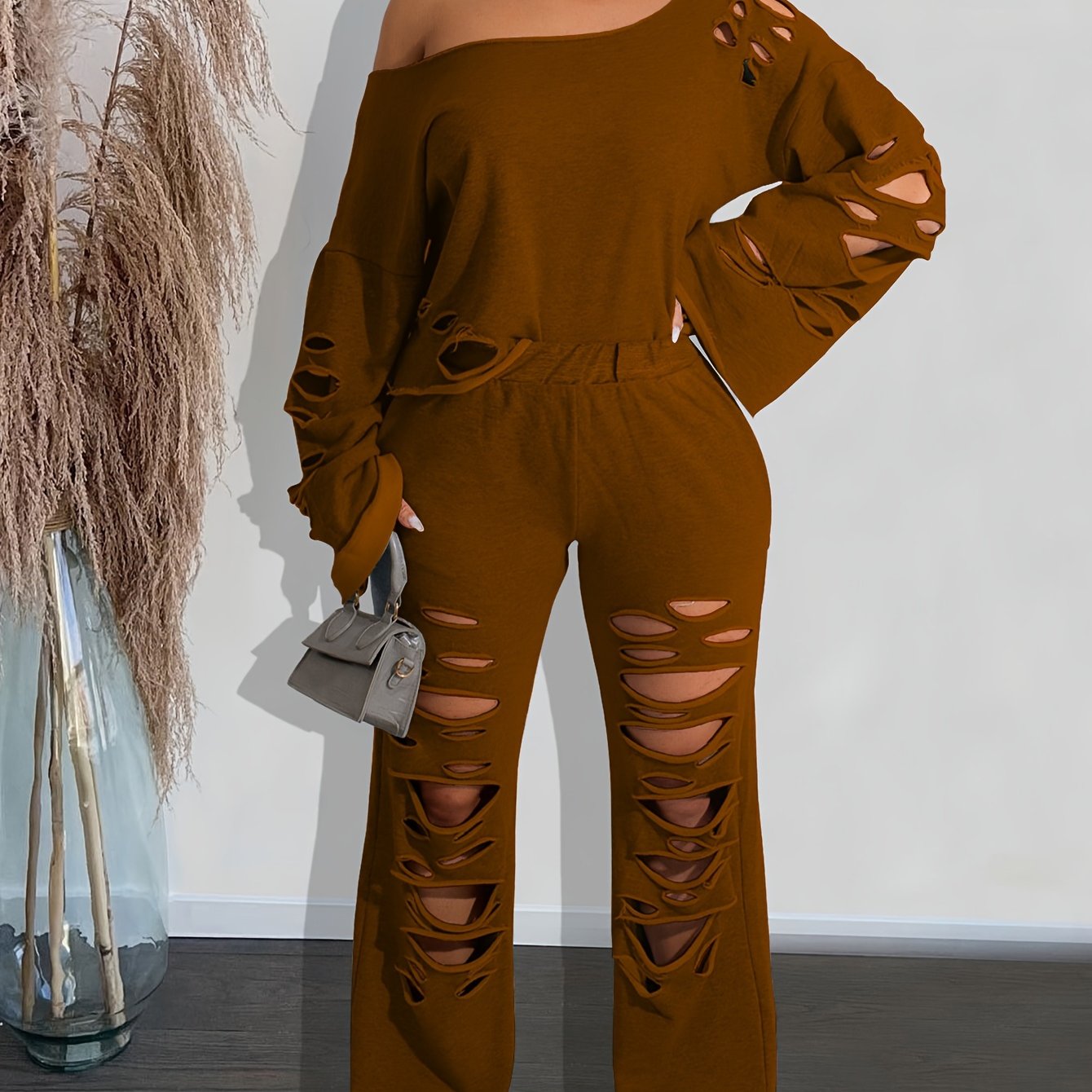 Ensemble 2 pièces femme épaules dénudées délavé – Haut manches longues et pantalon déchiré
