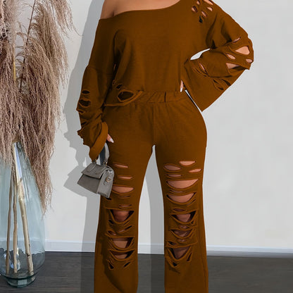 Ensemble 2 pièces femme épaules dénudées délavé – Haut manches longues et pantalon déchiré