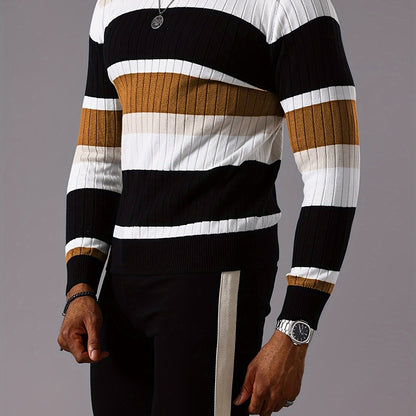 Pull rayé en tricot côtelé pour homme – Pull Color Block Automne Hiver
