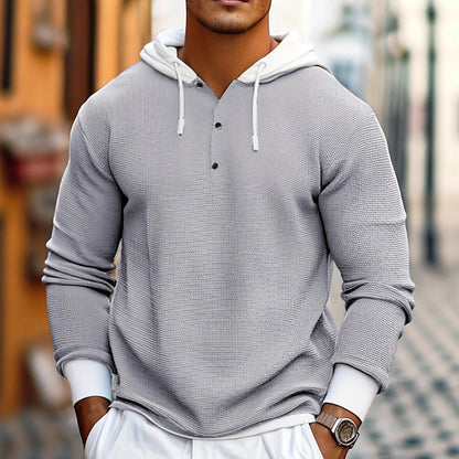 Sudadera con capucha de punto gofre y botones para hombre – Manga larga de ajuste entallado con contraste