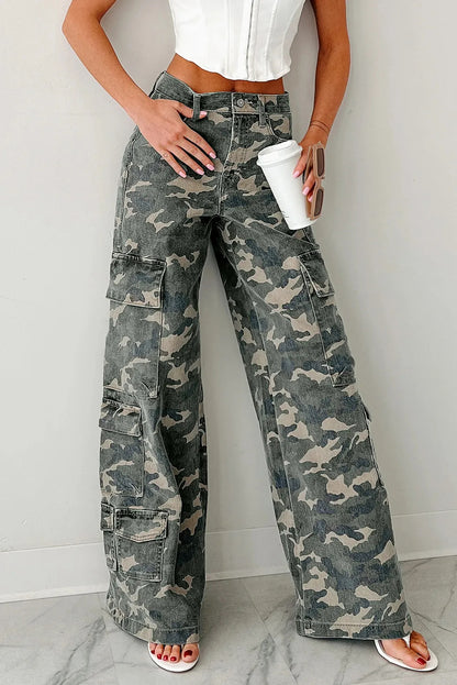 Pantalones cargo de mezclilla con estampado de camuflaje para mujer – Jeans utilitarios de pierna ancha