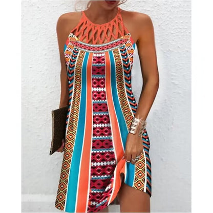 Printed Halter Summer Dress – Casual A-Line Midi Dress for Women