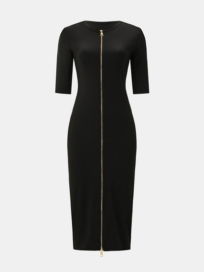 Vestido midi ajustado con cuello barco – Vestido elegante de manga corta con corte entallado