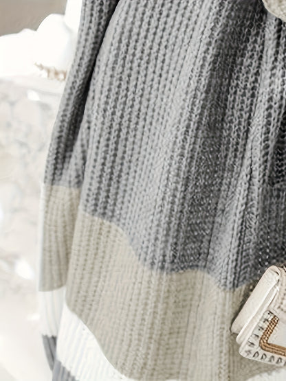 Cárdigan acogedor de punto color block para mujer – Gris y blanco con cinturón
