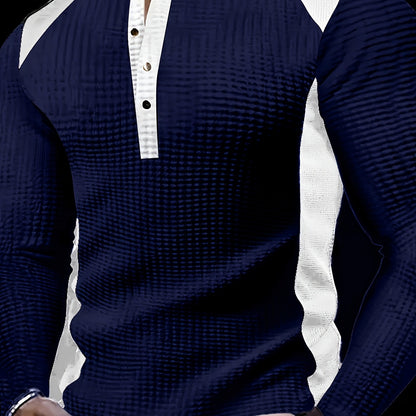 Chemise Henley gaufrée pour homme – Haut boutonnée toutes saisons blanc et noir