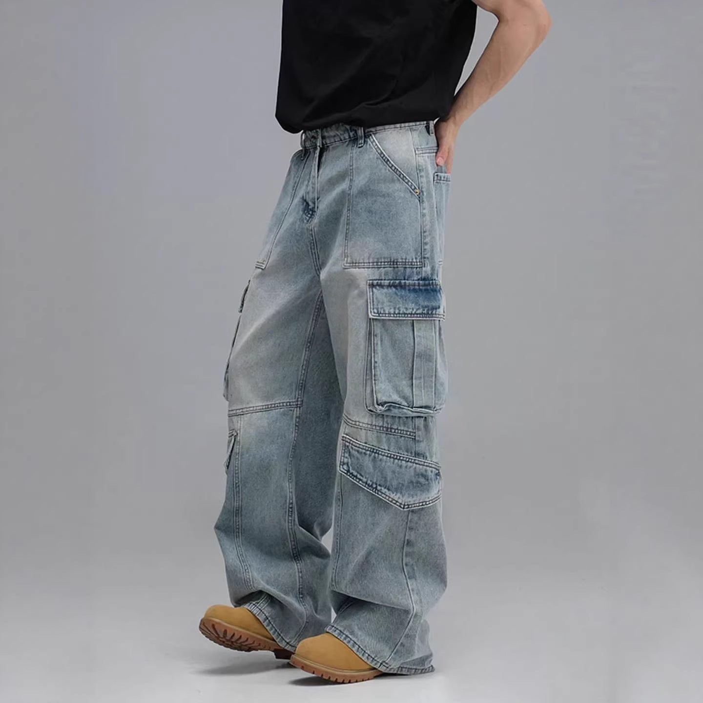 Men’s Workwear Denim Jeans – Wide-Leg Multi-Pocket Fit