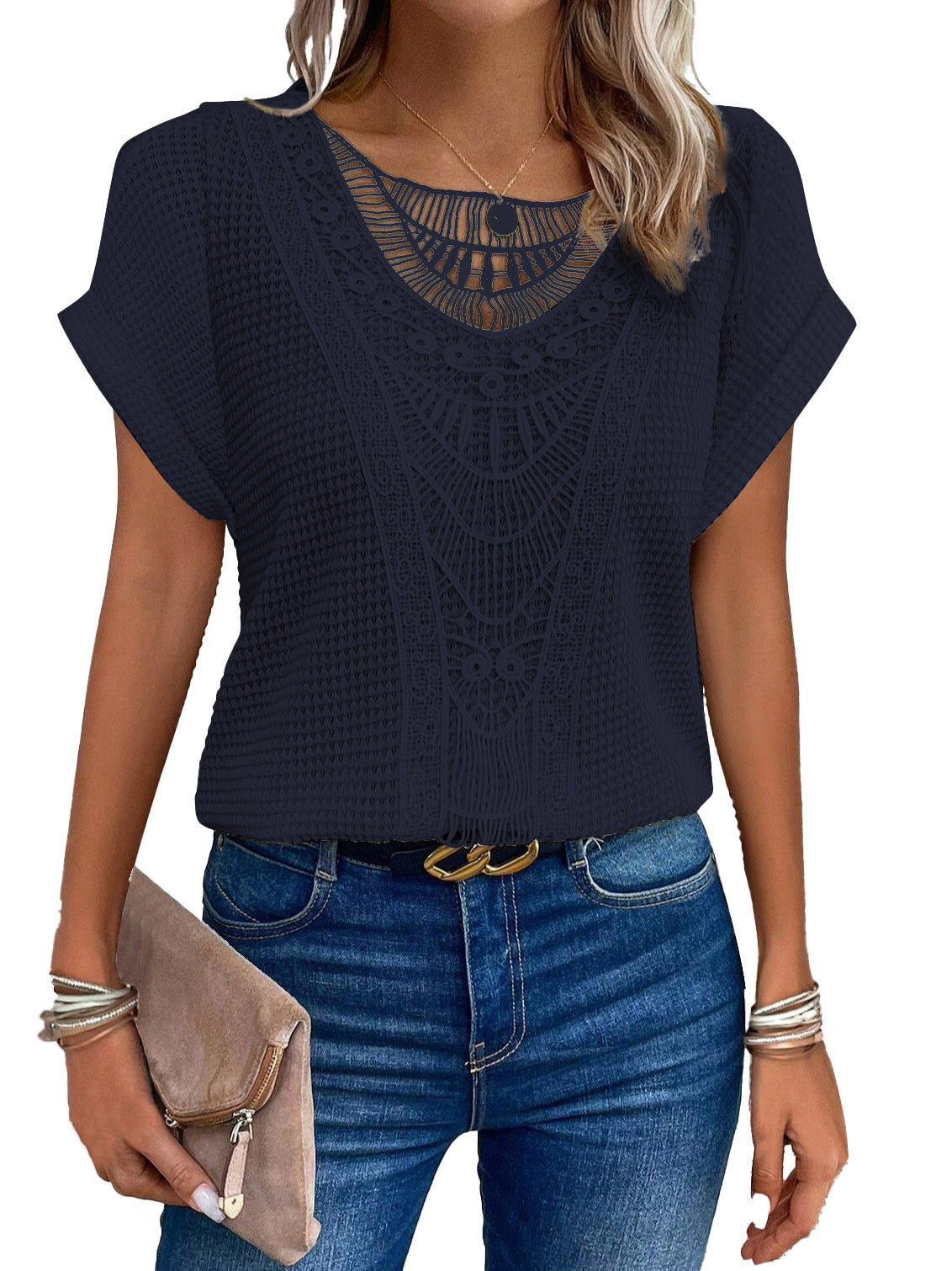 T-shirt ajouré Loom & Soul™ Summer – Haut à manches courtes style ethnique pour femme
