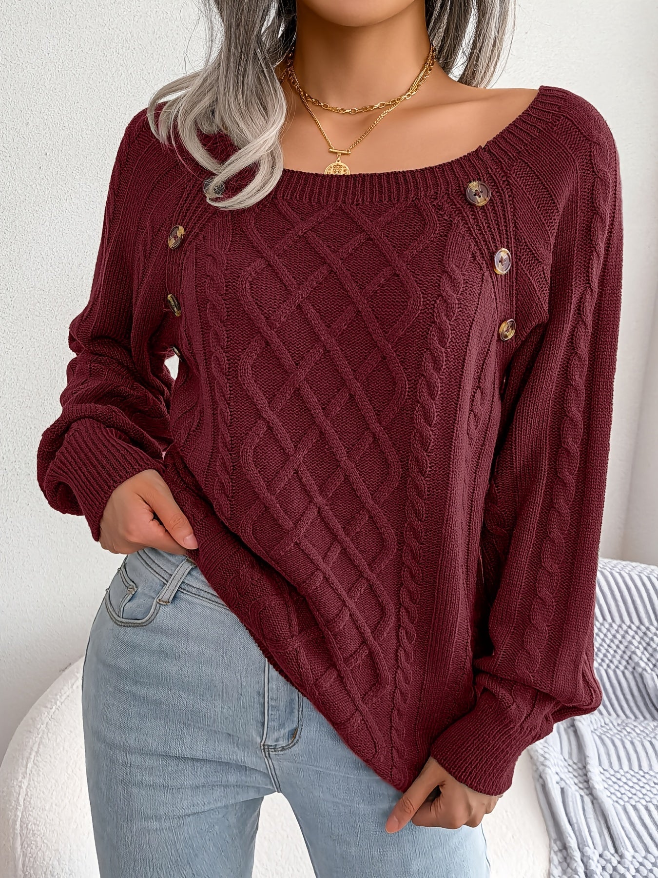 Jersey texturizado de mujer con manga farol – Top de punto con detalles de botones