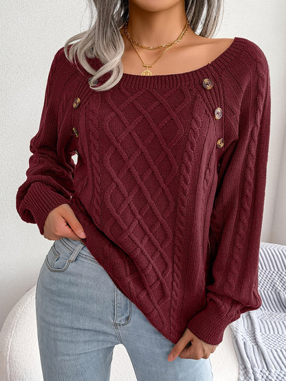 Jersey texturizado de mujer con manga farol – Top de punto con detalles de botones