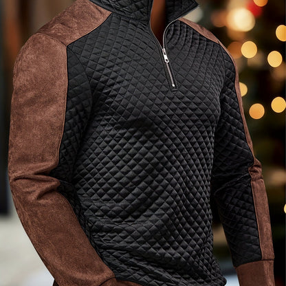 Henley de punto de rombos con cremallera para hombre – Suéter con bloques de color texturizado