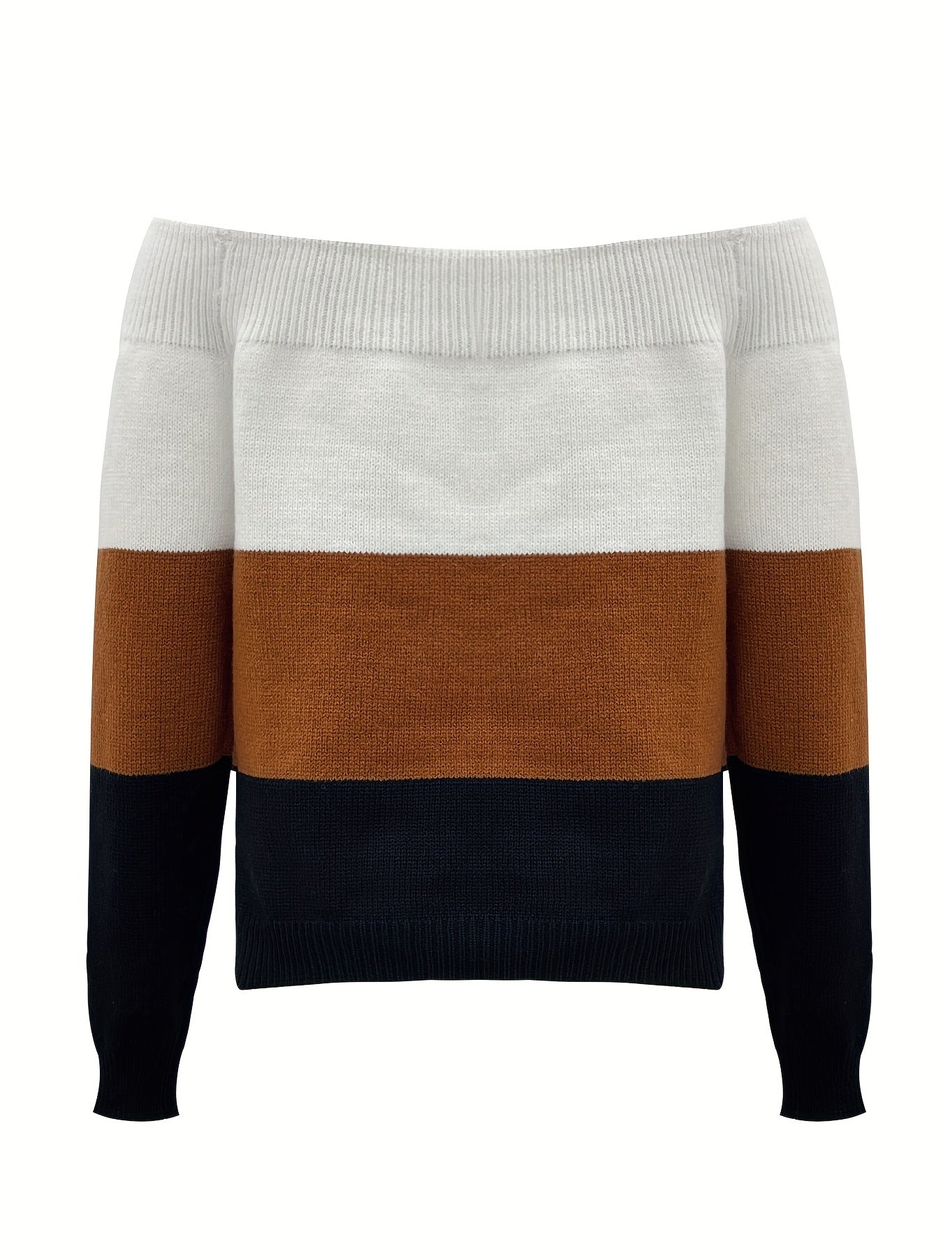 Suéter para mujer con hombros descubiertos y bloques de color – Pulóver de punto elegante para otoño