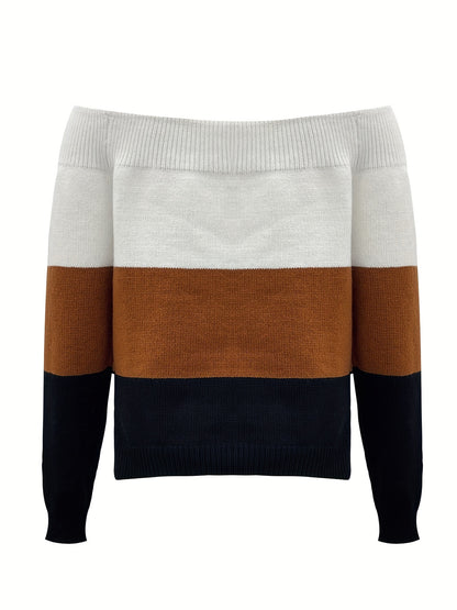 Suéter para mujer con hombros descubiertos y bloques de color – Pulóver de punto elegante para otoño