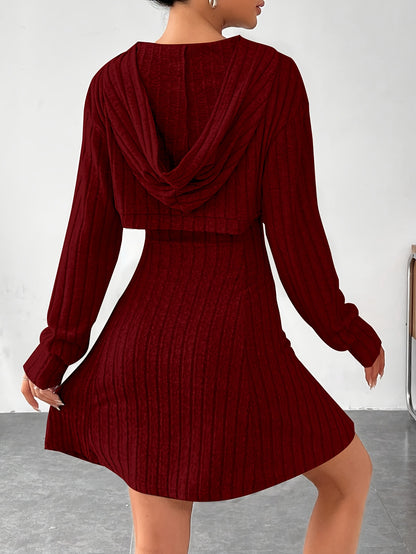 Ensemble 2 pièces côtelé pour femme – Top court à capuche et robe moulante