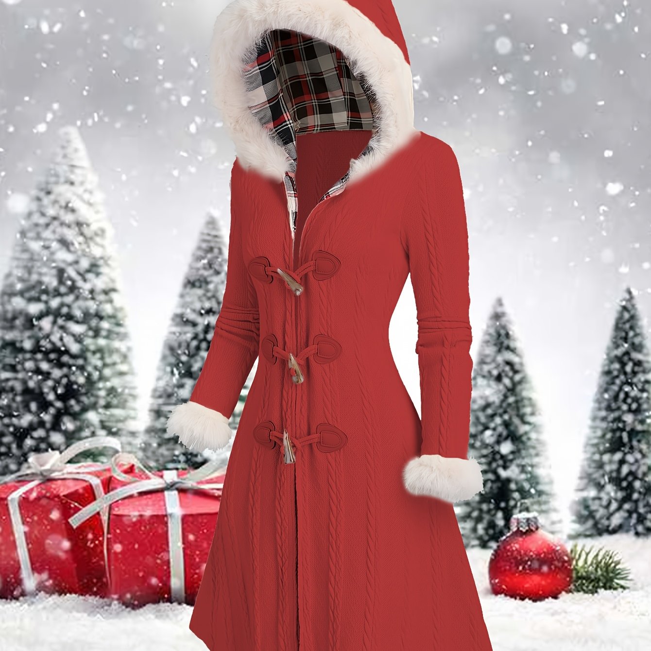 Abrigo con capucha de cuadros Y2K para mujer – Chaqueta larga de invierno con retazos rojos y blancos