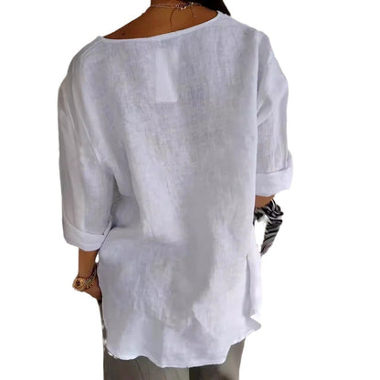 Loom & Soul™ Top de botones con cuello en V de algodón y lino para mujer – Blusa suelta de manga larga