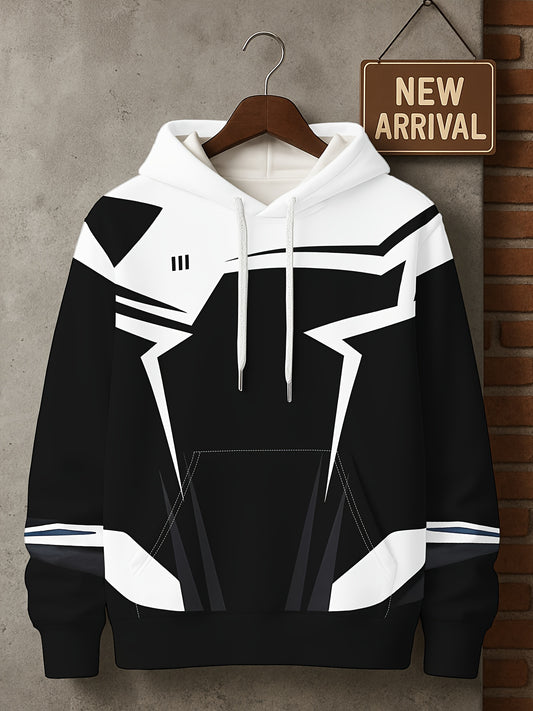 Men’s 3D D-Print Hoodie – Black & White Color-Block Street Pullover