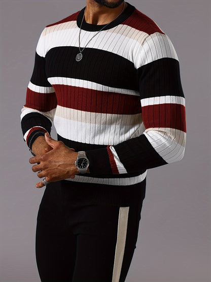Pull rayé en tricot côtelé pour homme – Pull Color Block Automne Hiver