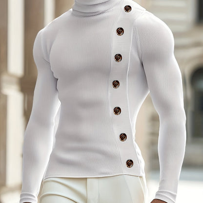 Camiseta de cuello alto ajustada para hombre - Camisa de punto con detalle de botones