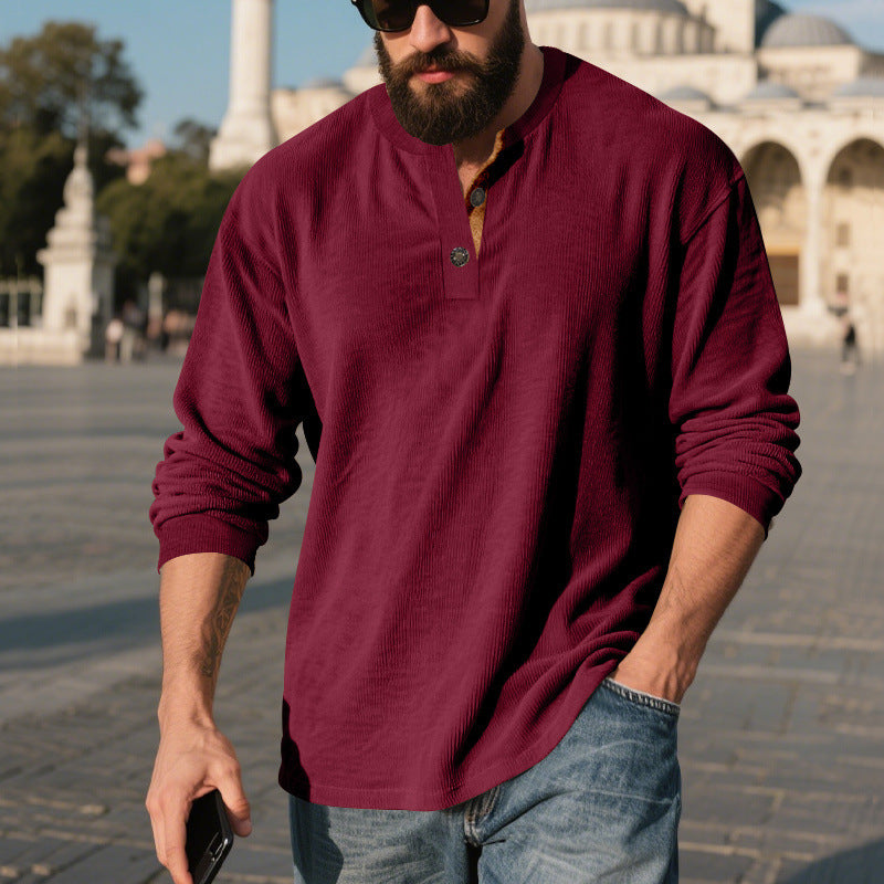 Camisa Henley de pana retro para hombre – Manga larga ajuste holgado