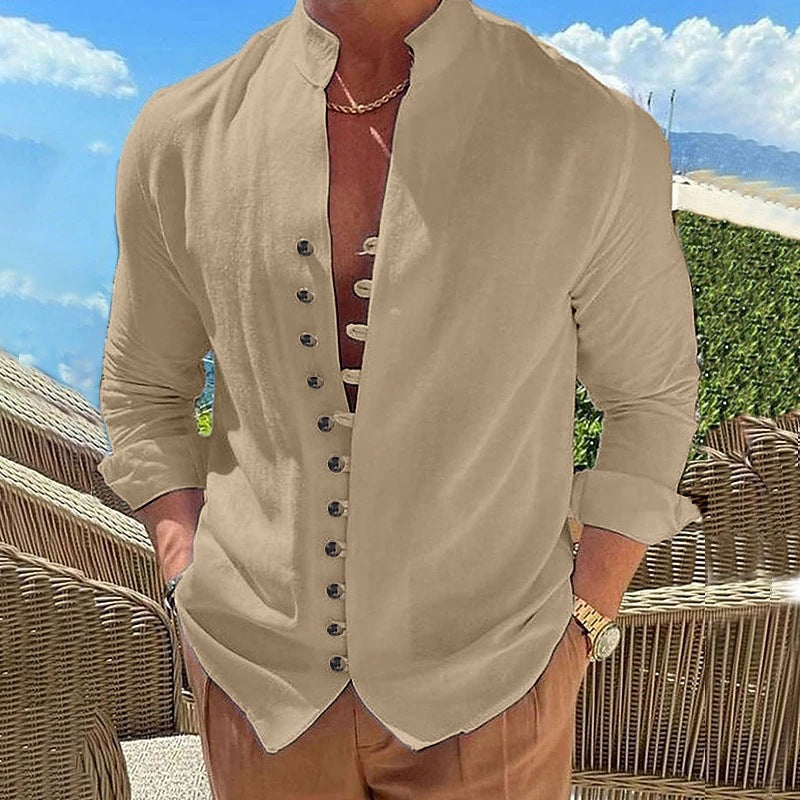 Camisa de lino y algodón para hombre con cuello alto – Cárdigan casual de corte holgado