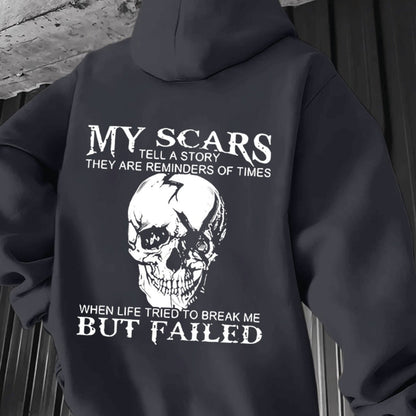Sweat à capuche homme « My Scars Tell a Story » – Imprimé tête de mort au dos, motivation