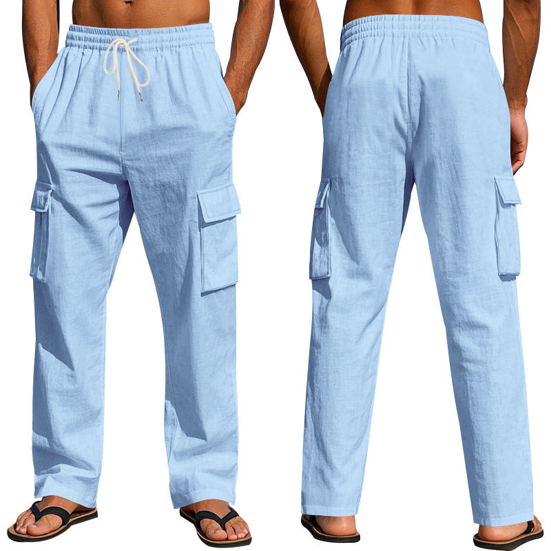 Loom & Soul™ Pantalones cargo de lino para hombre – Pantalones de trabajo transpirables de pernera recta con múltiples bolsillos