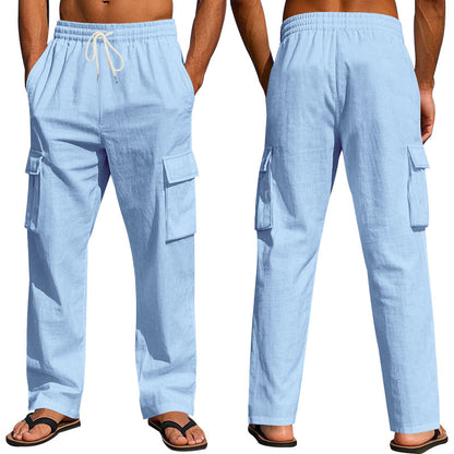 Loom & Soul™ Pantalones cargo de lino para hombre – Pantalones de trabajo transpirables de pernera recta con múltiples bolsillos