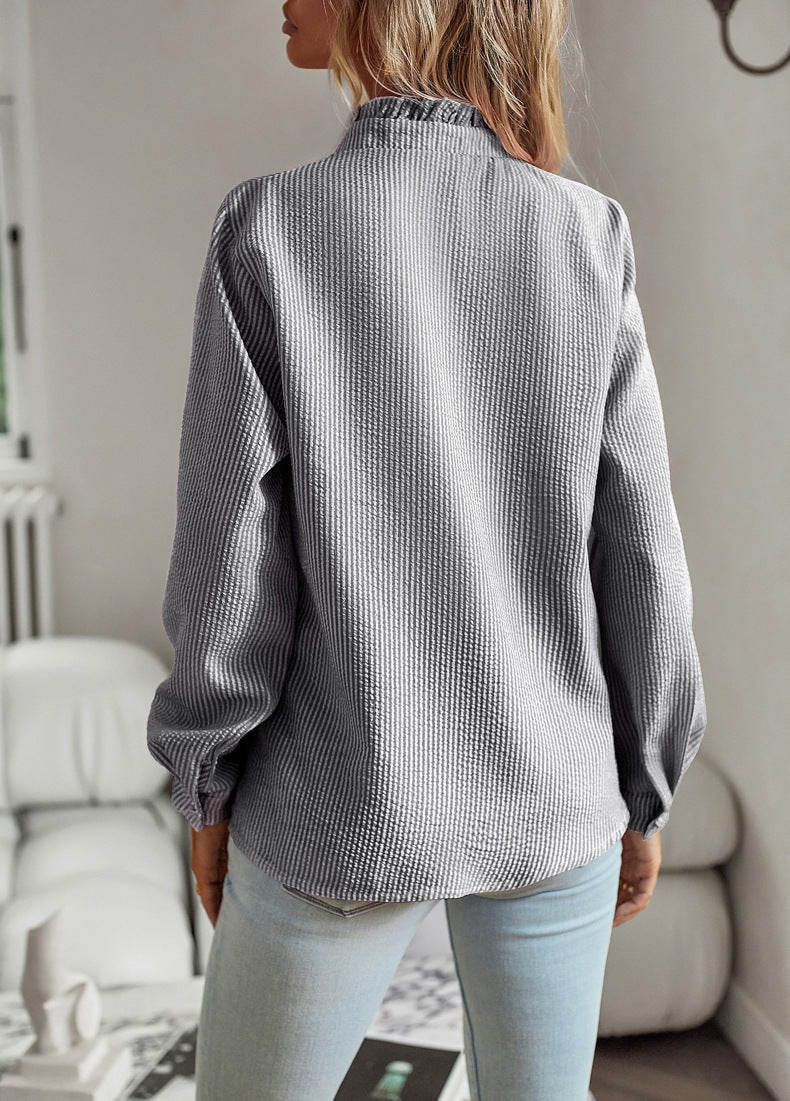 Blusa con botones, volantes y rayas Loom & Soul™ – Elegante camisa de oficina y casual de manga larga para mujer