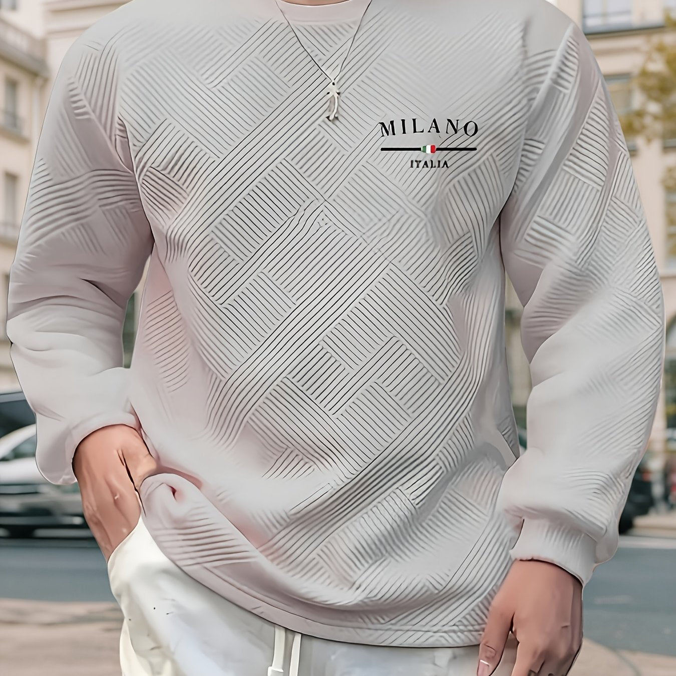 Sudadera jacquard de cuello redondo para hombre – Jersey casual de manga larga con estampado geométrico